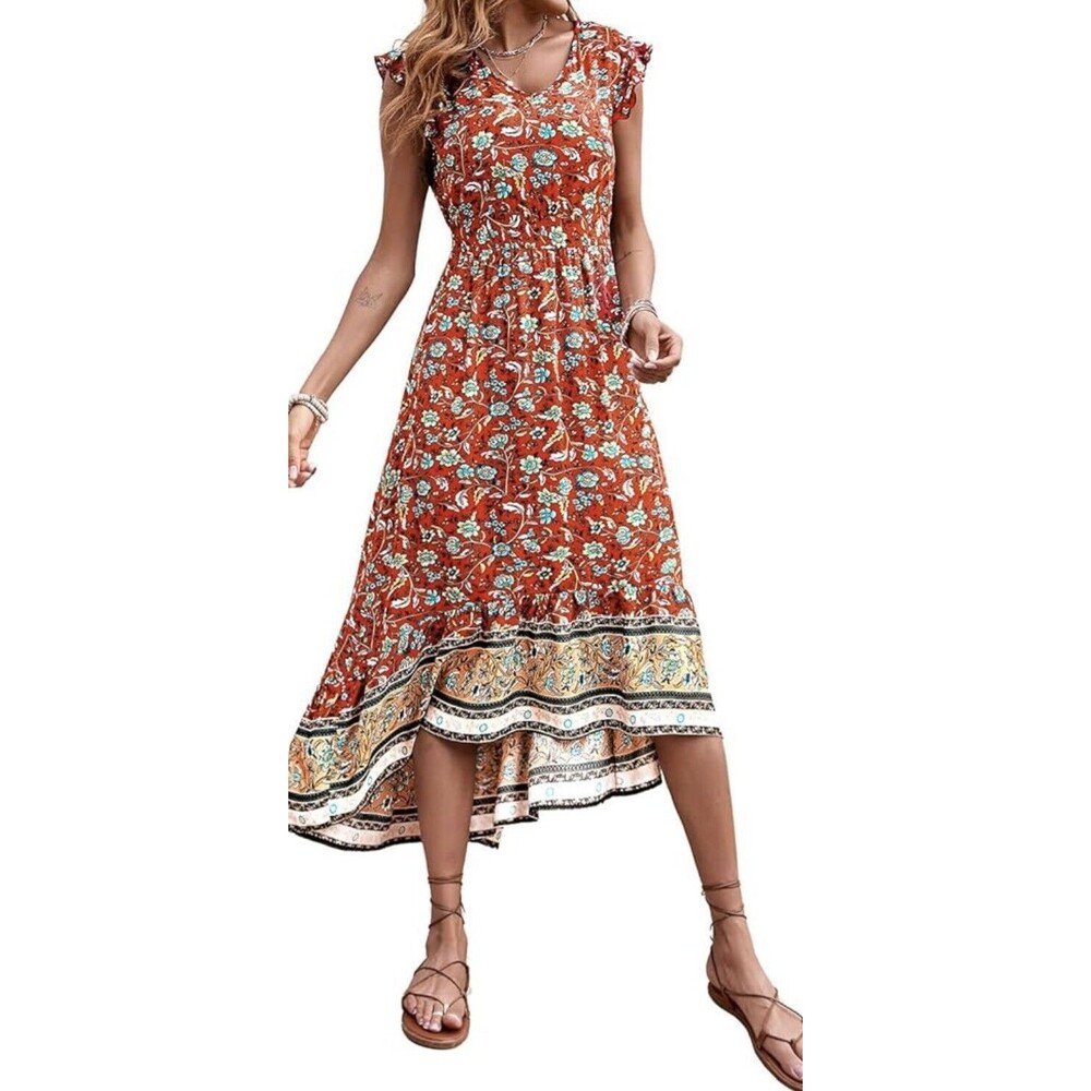 PrettyGarden Long Dress M Flutter Sleeves V Neck Summer Floral Beach Maxi